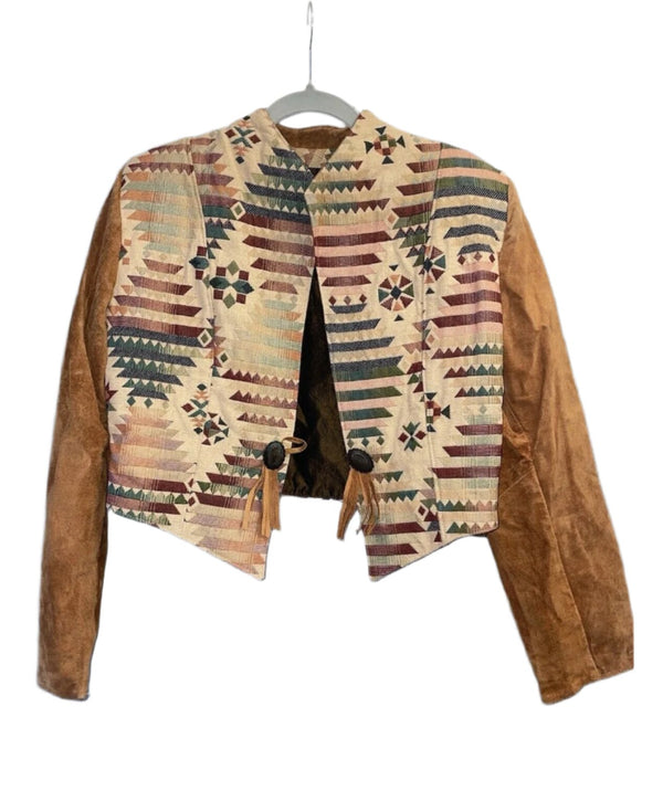 Native Components Women's Leather Woven Bolero Jacket, Southwestern Tapestry, Size Medium