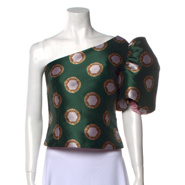 Neubyrne One Shoulder Emerald green puff sleeve printed Top made in nyc medium