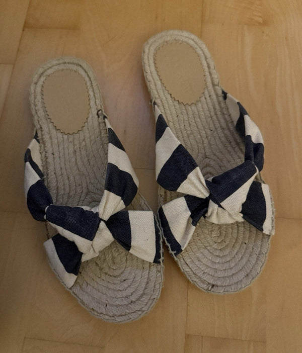 NWB J.Crew Espadrille Sandals – Blue & White Stripe Crisscross Strap, Size 6.5