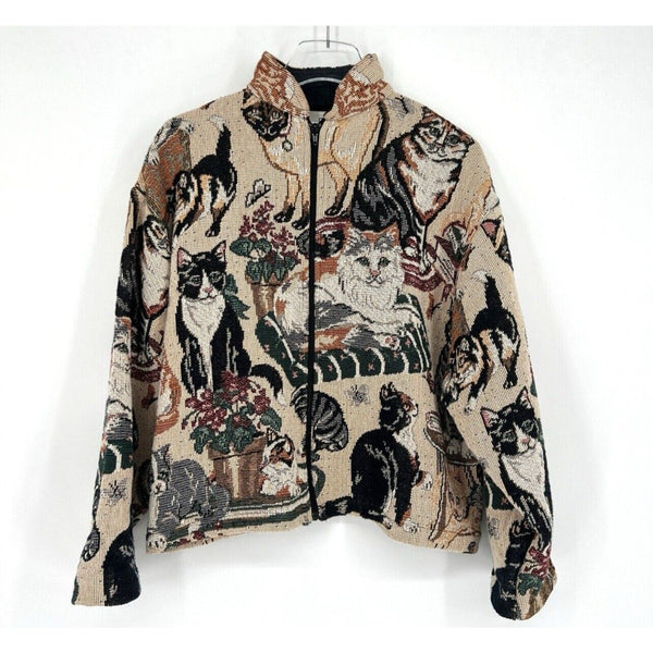 VTG Cat Kitten Tapestry Zipper Bomber Jacket Tan OSFA