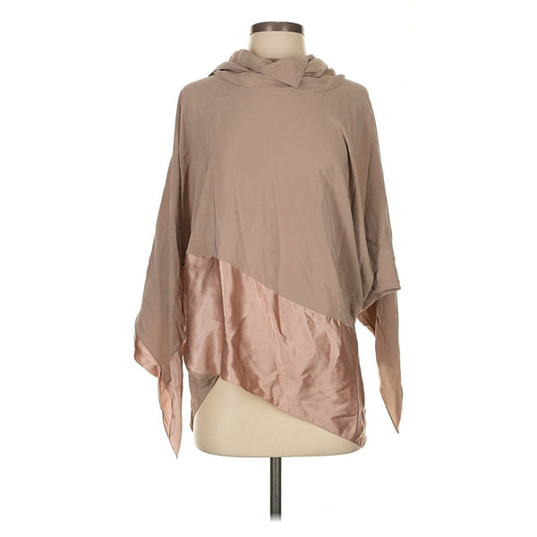 Ralph Lauren Women's Purple Label Tan Nude Silk Draped Poncho Blouse Mockneck Top