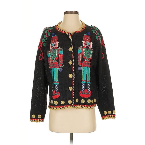 VTG Michael Simon Nutcracker Christmas Sweater Black Holiday Cardigan 2 (medium)