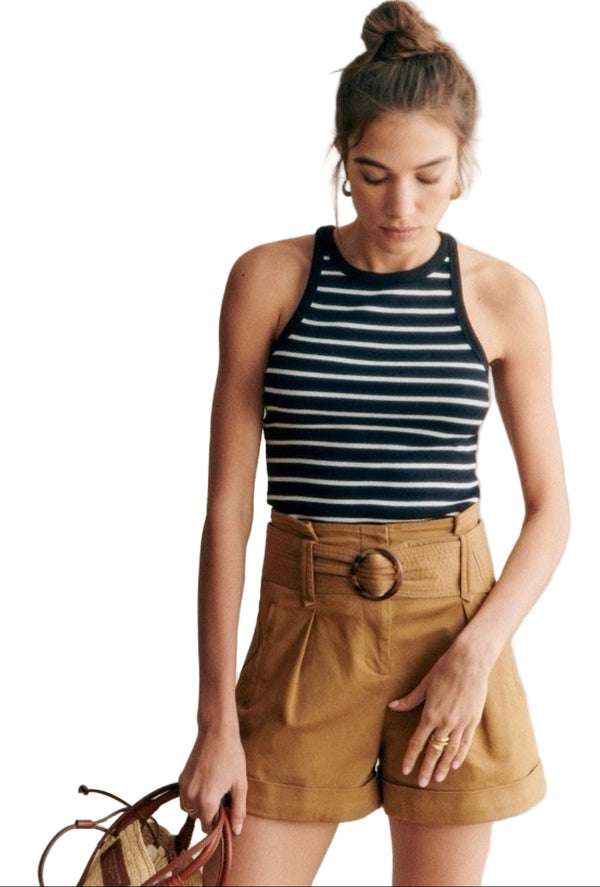 Sezane Women’s Rome High Rise Belted Khaki Tan Brown Paperbag Shorts Size 34 US 2