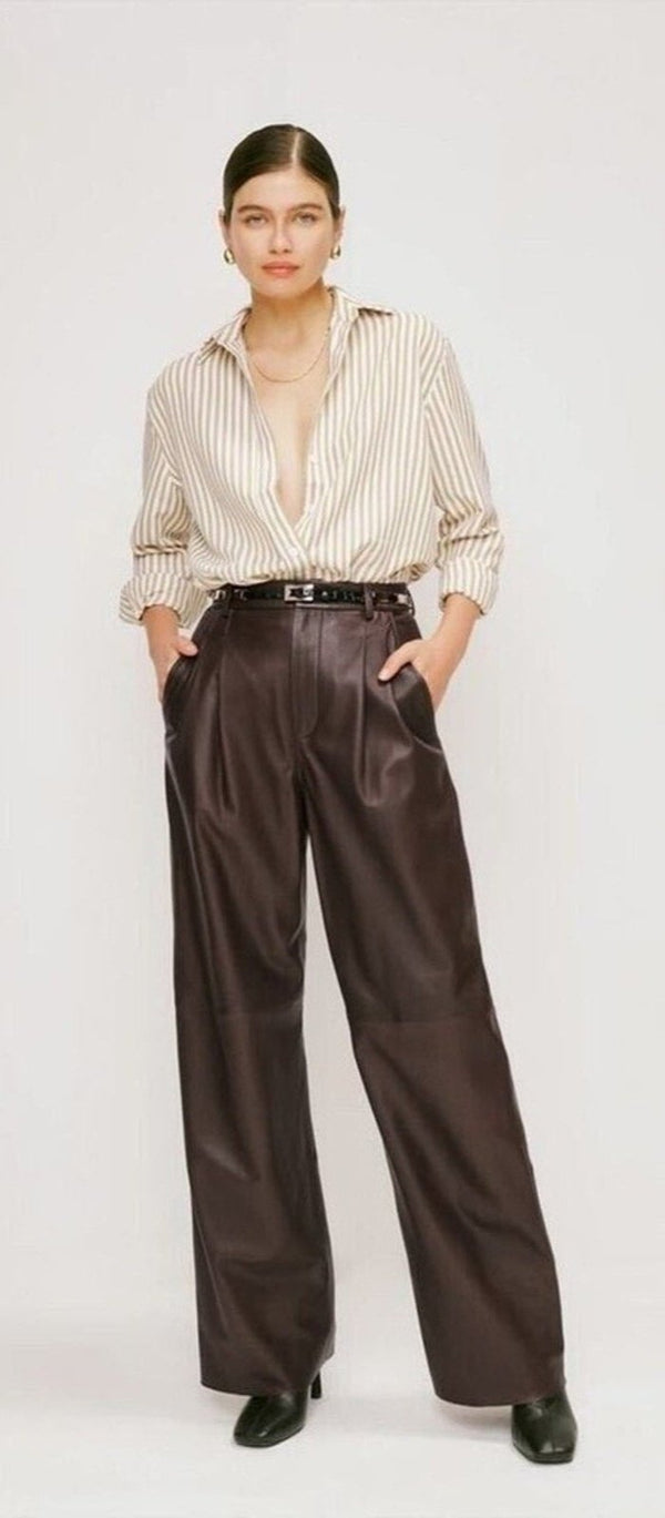 Veda Women's Brown Leather Trousers High Waist Straight Leg Size 12 (FLAW)