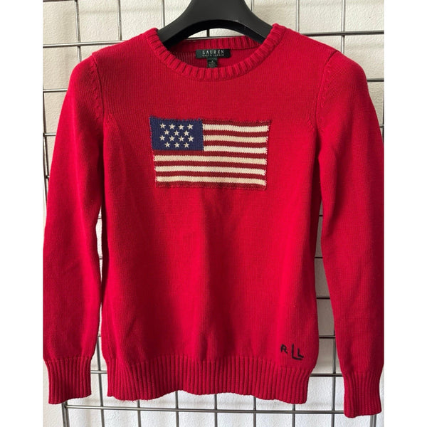 VTG Ralph Lauren Women’s American Flag Logo Sweater Red White Blue Small Retro Classic