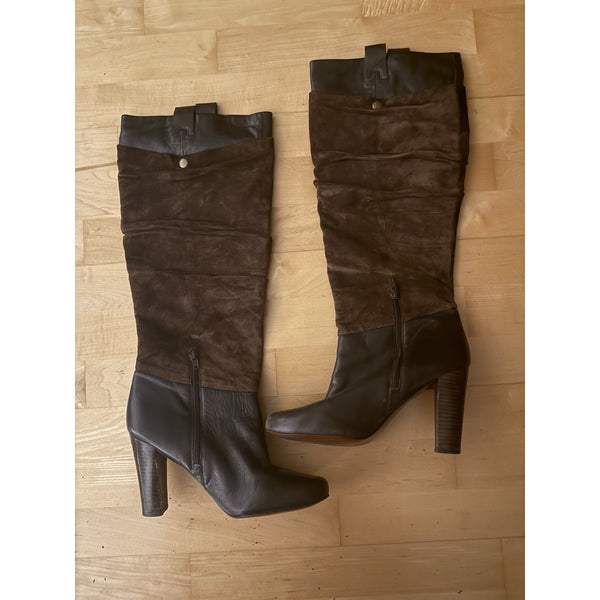 Nine West Boots Knee High Leather Suede Brown Stacked Heel 9