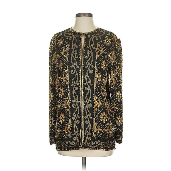 VTG Laurence Kazar Women’s Scala Black Gold Fleur De Lis Sequin Beaded Silk Jacket Small