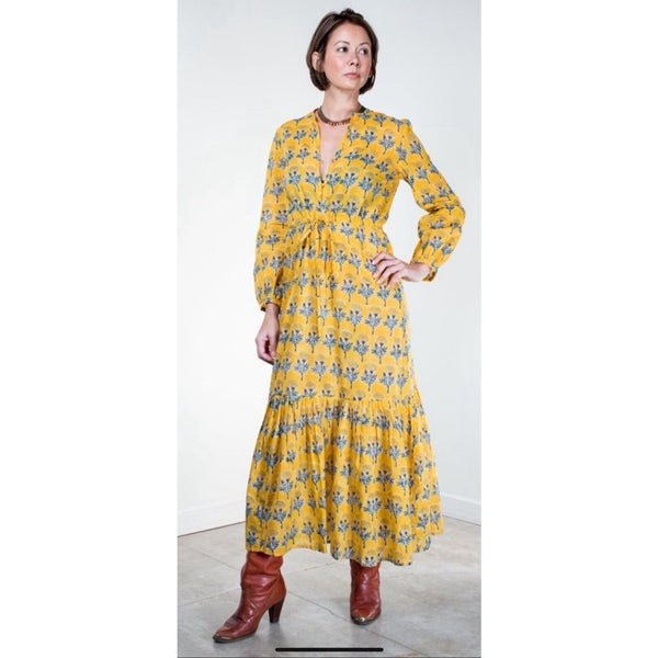 Emerson Fry Frances Maxi Dress M Floral Marigolds Yellow Organic Cotton 🔥