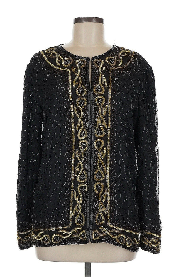 NWT Vintage JMD Silk Beaded Jacket – Black & Gold Sequin, Size Medium