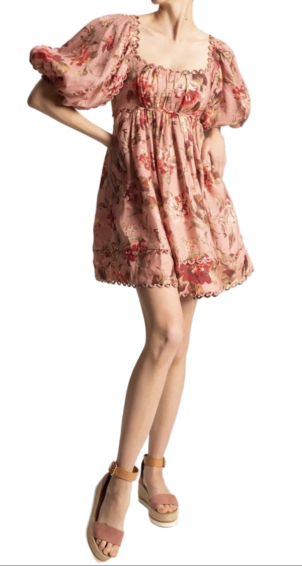 BEULAH Women’s Cassia Pink Lace Scallop Puff Sleeve Mini Dress – Size Small