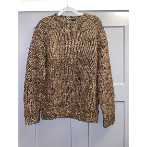 VTG Polo Ralph Lauren Hand-Knit Wool Silk Alpaca Cashmere Sweater with Elbow Pads, Tan, Small