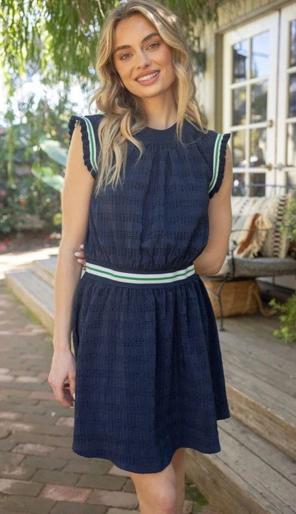 VOY Women’s Textured Striped Band Dress – Blue & Green, Size Large