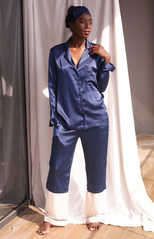 Prayers & Plans Women's Jasmine Pants – Blue & White Silk Satin – Size Medium