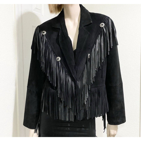 VTG COMINT Black Fringe Western Conch Embellished Western 100% Leather Jacket S