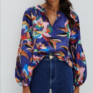 Farm Rio Floral Split Neck Lantern Sleeve Anthropologie Blouse Blue Helena M