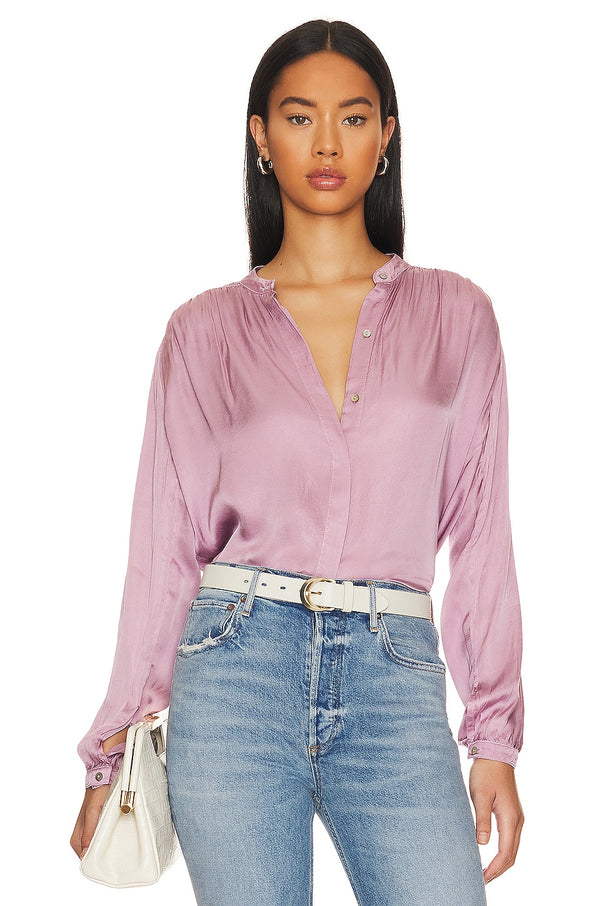 NWT aritzia Wilfred Tarina Pink Purple Orchid Long Sleeve Ruffle Blouse M