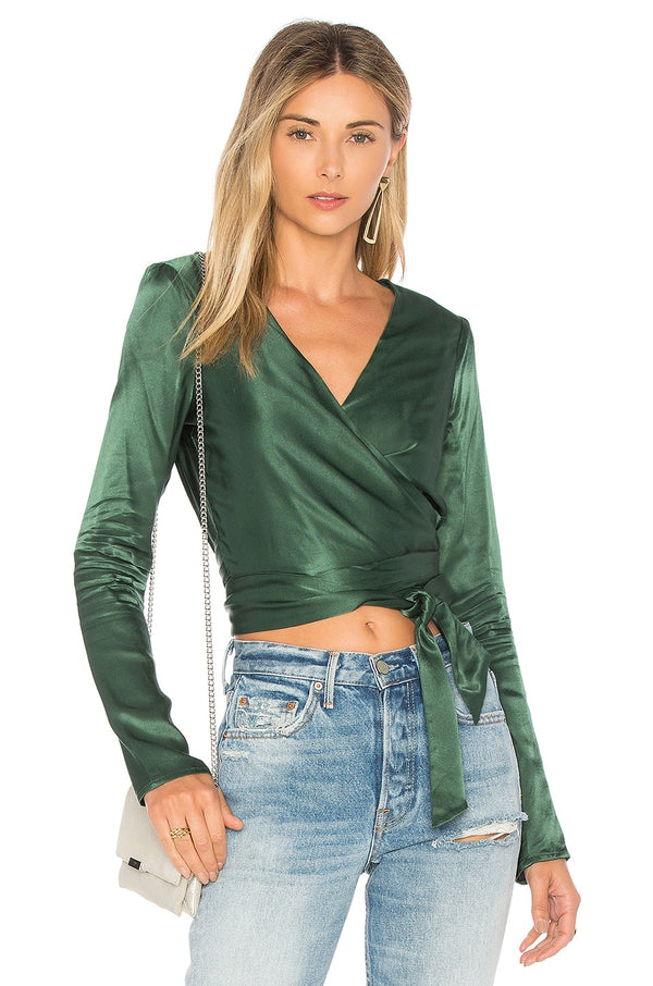 Lovers And Friends Green Satin Long Sleeve Wrap Top Large