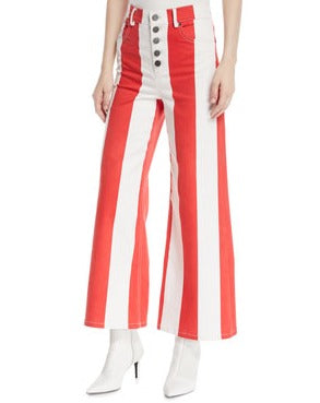 Alice + Olivia Women's Striped High Waisted Wide Leg Flare Pants Jeans - Red White, Size 28