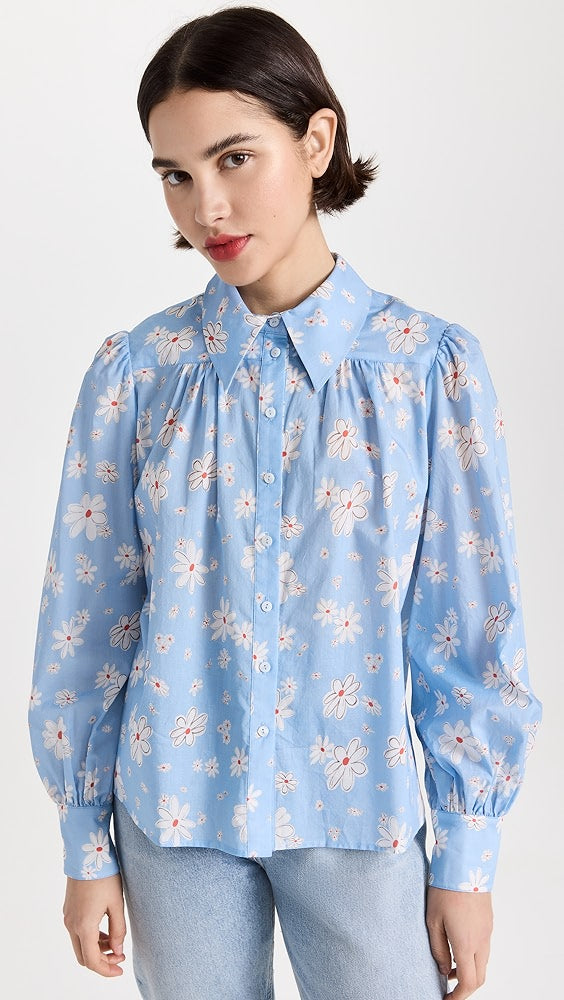 RIXO Women's Daisy Flower Balloon Sleeve Collared Button-Down Blake Blouse - Blue, Size XS