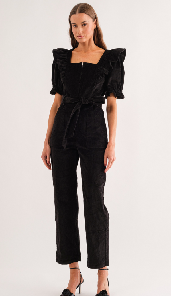 Sofie The Label Black Ruffle Trim Corduroy Gemma Jumpsuit Large