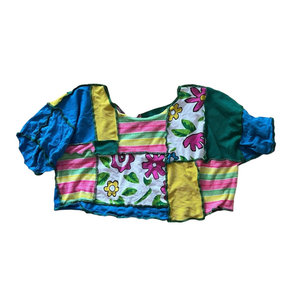 Handmade Women's Cropped Patchwork Short Sleeve Blue Pink Daisy Flower Retro Boho Top - Size 2X