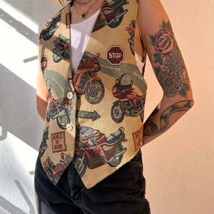 VTG Mirror Tapestry Women's Motorcycle Printed Tuxedo Vest - Cotton, Beige Tan Size Medium