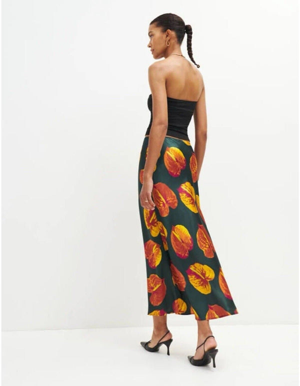 NWT Reformation Women's Layla Silk Midi Skirt Green Orange Peaches Print Daiquiri, Size 4