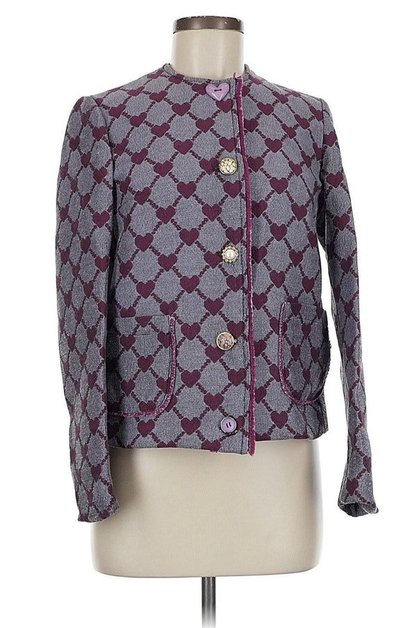 De’hart Women’s Purple Heart Print Collarless French Style Jacket – Size 40 (US 8)
