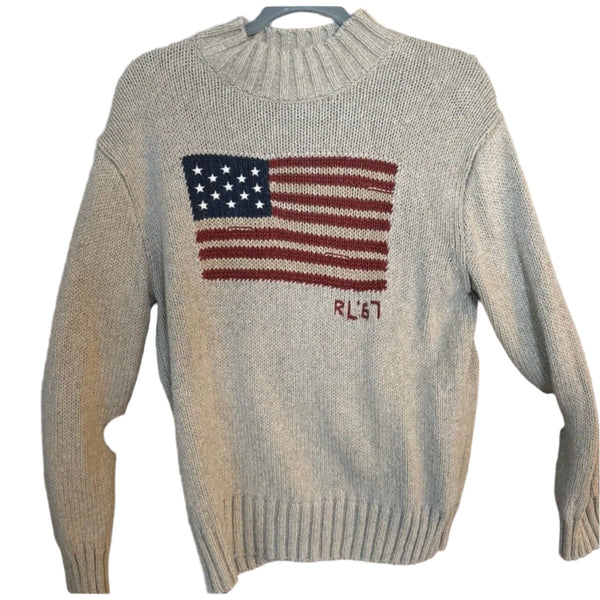 Polo Ralph Lauren Men's Oatmeal Cream Mock Neck Linen Cotton American Flag Sweater, Extra Large