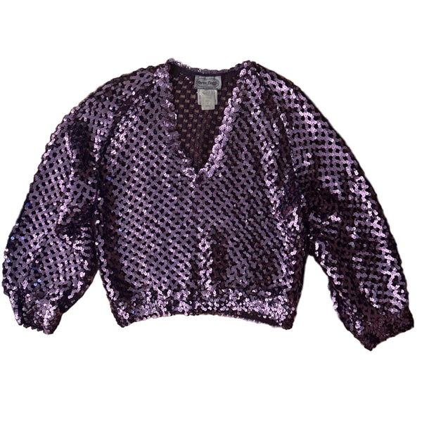 VTG Three Flags Women’s Sequin V-Neck Balloon Sleeve Purple Top Small