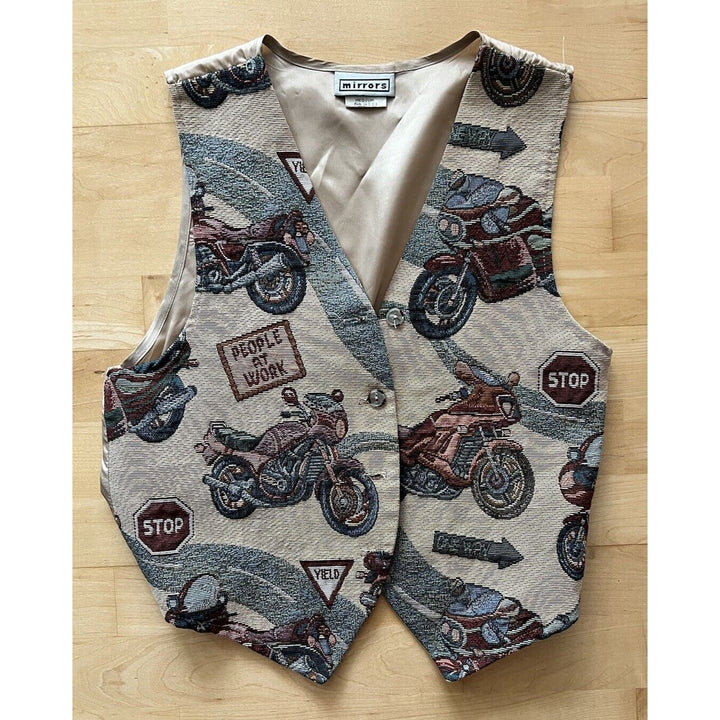 VTG Mirror Tapestry Women's Motorcycle Printed Tuxedo Vest - Cotton, Beige Tan Size Medium