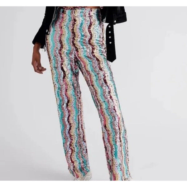 NEW FREE PEOPLE Dance Again Sequin Rainbow High waist Pants Eras 6