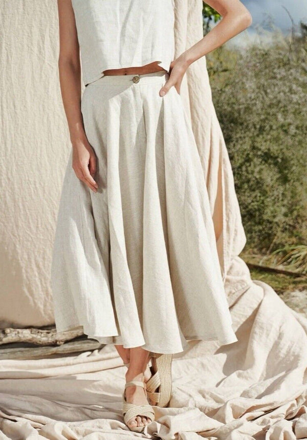 NWT Linen Handmade Studio Women's Cream White Circle Skirt Wavy 6