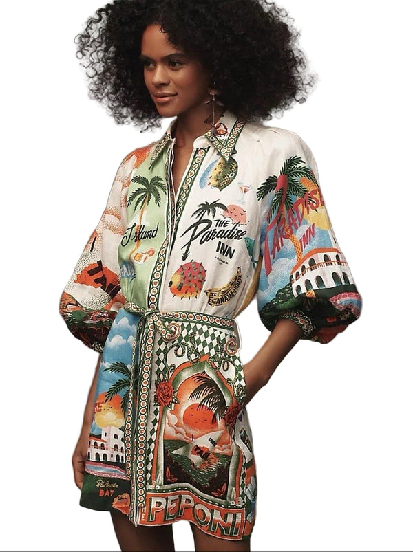 Paradiso Women’s Linen Blend Collared Belted Mini Dress Tropical Sunset Vacation Small