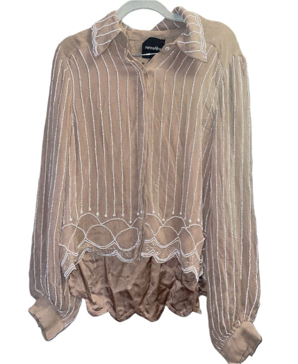 Retrofête Women's Tan Chic Blouse with Beaded Details, Sheer Shoulders, and Balloon Sleeves, Size Medium