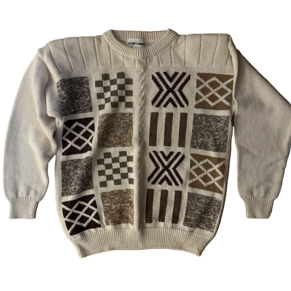 Vintage Women's 90s Coogi Style Geometric Cream Patchwork Knit Sweater – Medium