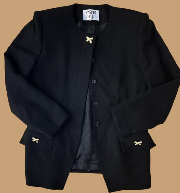 VTG Women's Kasper Collarless Blazer Black with Gold X-Cross Chic Buttons, Size 8P