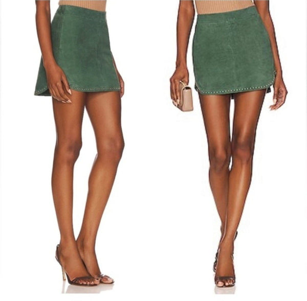 Karina Grimaldi Women's Simon Lamb Leather Suede Mini Stud Skirt Green Size Medium