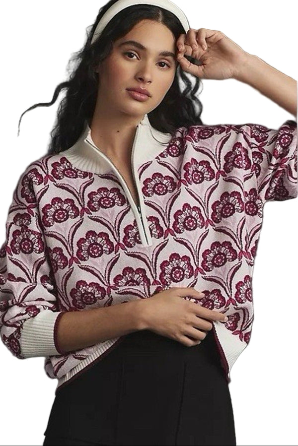 NWOT Anthropologie Women's Montana Maeve Mockneck Zipper Sweater – Geo Print Pink Purple, Size Small