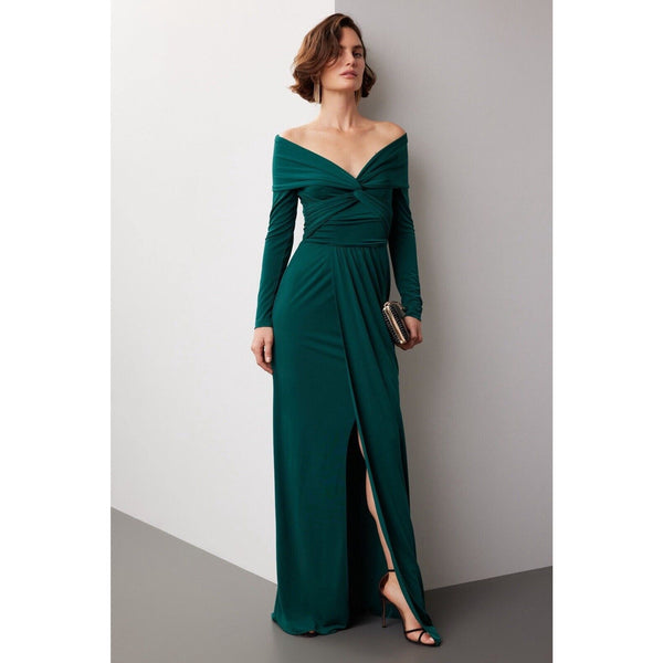 Zac Posen Emerald Green With Wrapped Around Detailed Off Shoulder Gown w Slit 2