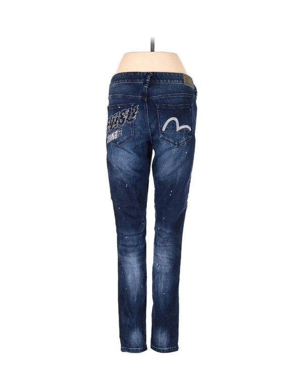 Evisu Women's Blue Skinny Jeans with Patch & Paint Splatter, Size 26 x 27