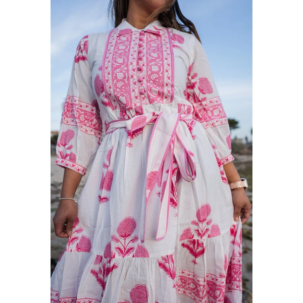 Bloom Women's Midi Dress 100% Cotton Pink White Block Print Sue Floral Sartor India XXL