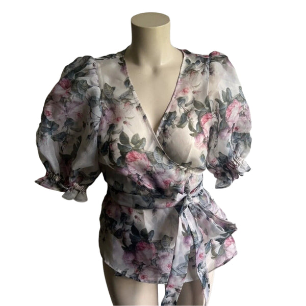 Selkie Women's Cloud 9 Sheer Organza Rose Garden Link White Puff Party Blouse Small