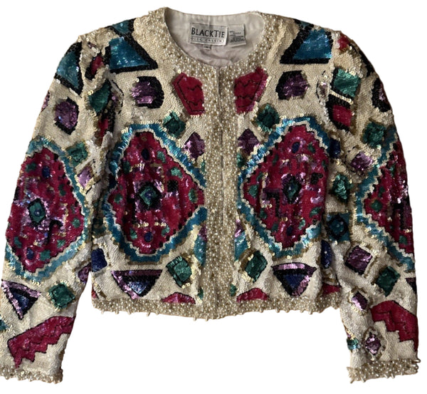 VTG Oleg Cassini Women's Cropped Silk Jacket – Black Tie, White Pearl & Pink Geo Beading, Size Small