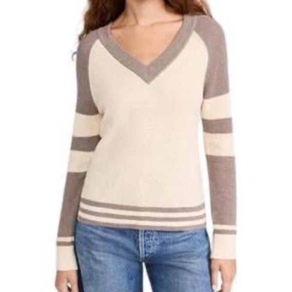 Faherty Women’s Varsity Retro Throwback Cashmere Blend V-Neck Sweater – Cream/Grey, XS