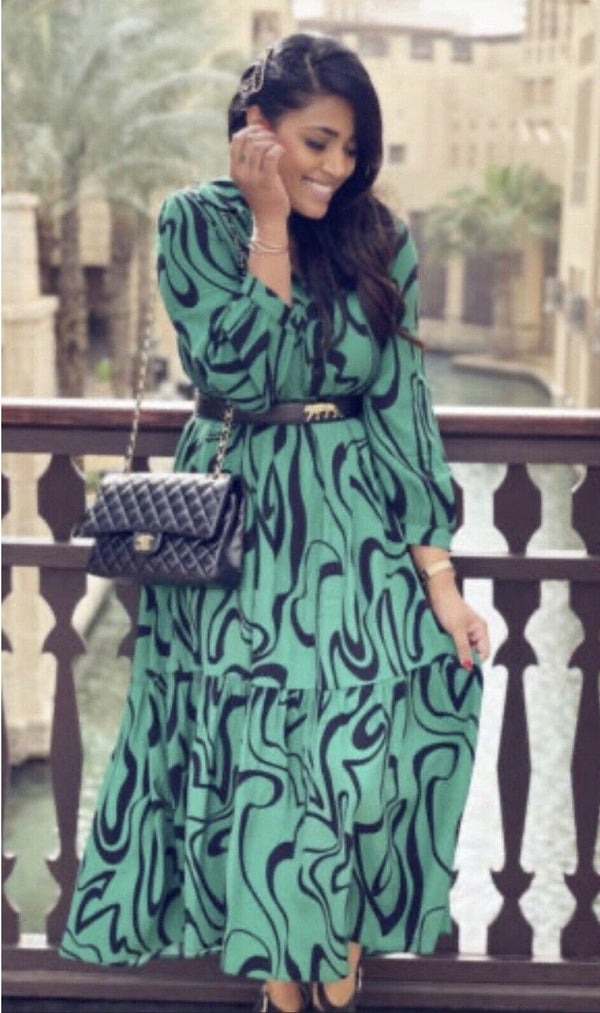 Zara Green Black Swirl Geo Print Midi Shirt Dress - Size Small