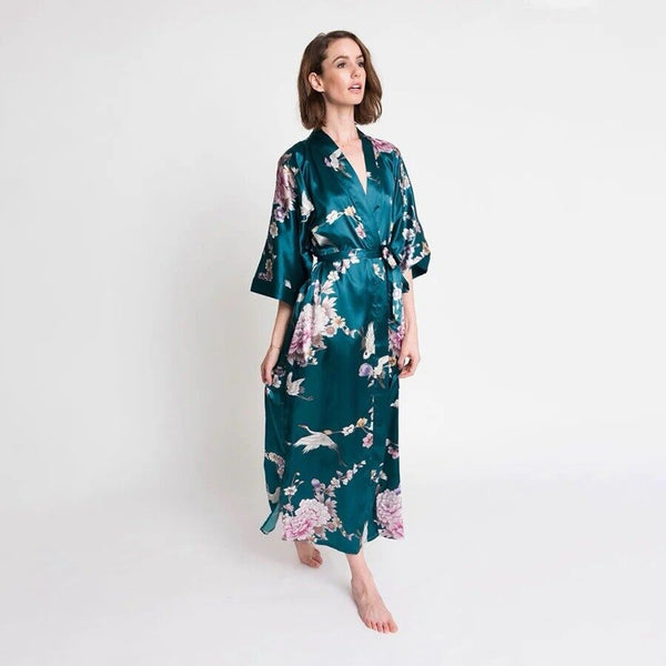 ✨Kim+Ono Chrysanthemum & Crane Long Kimono Teal Robe One Size