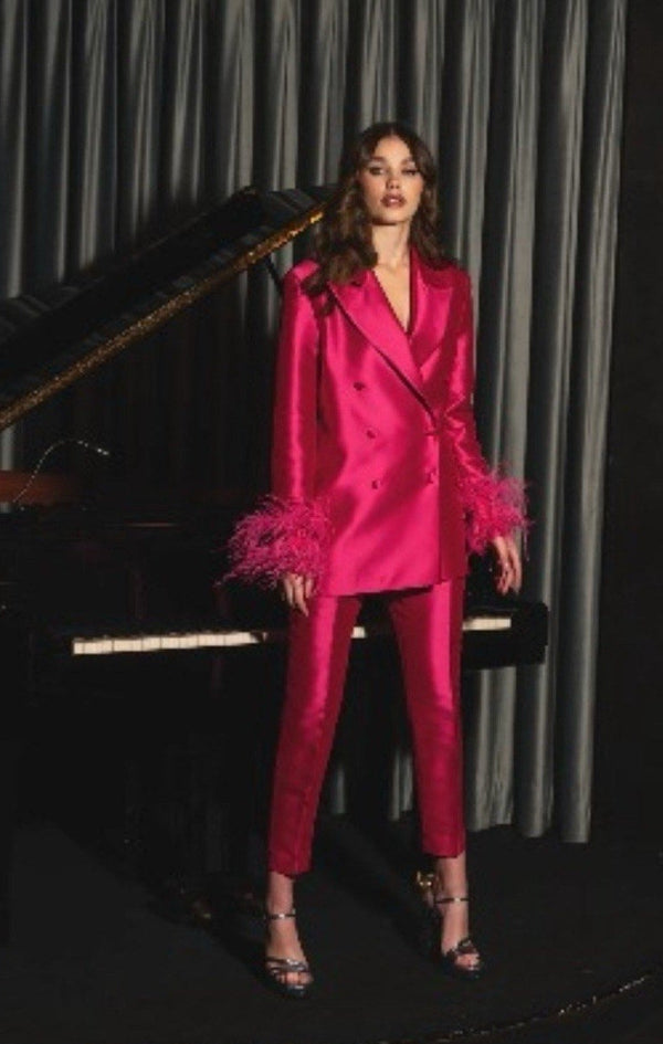 Kaoa Women’s Pink Fuchsia Feather Cuff Satin Blazer Jacket Size M/L