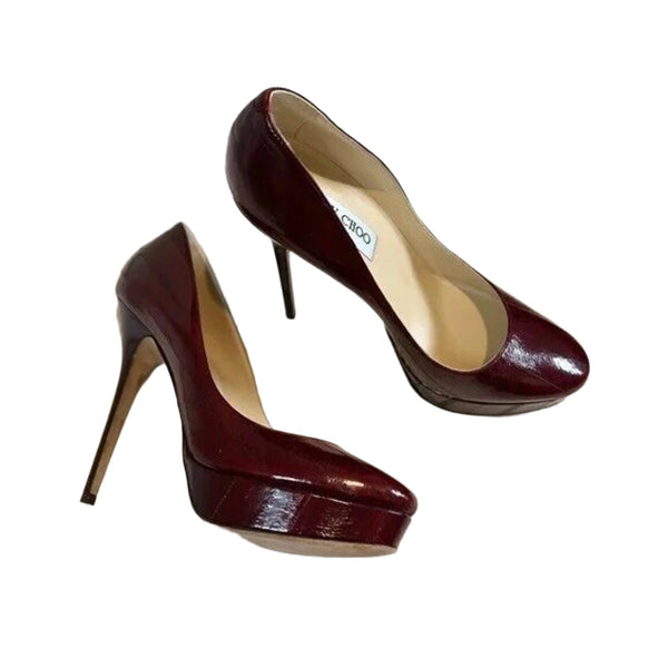 Jimmy Choo Women's Wine Eel Skin Heels Cosmic Pumps Stiletto Burgundy Size 38.5