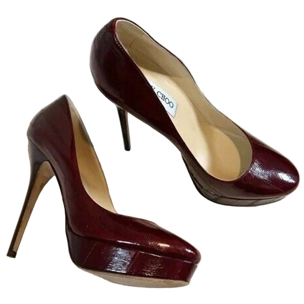 Jimmy Choo Cosmic Pumps Wine Eel Skin Leather Heels Stiletto Burgundy 38.5 / US 8.5